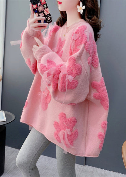 Jacquard White O-neck Bow Cozy Knit Sweater Spring Yw036
