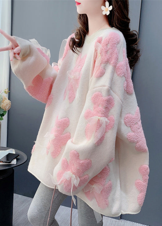 Jacquard White O-neck Bow Cozy Knit Sweater Spring Yw036