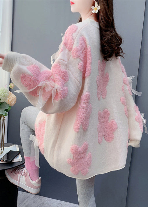 Jacquard White O-neck Bow Cozy Knit Sweater Spring Yw036