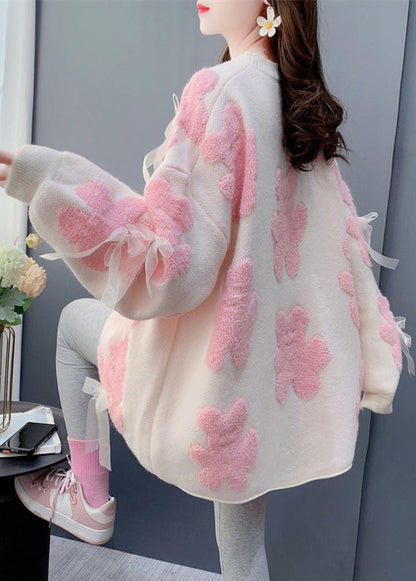 Jacquard White O-neck Bow Cozy Knit Sweater Spring Yw036