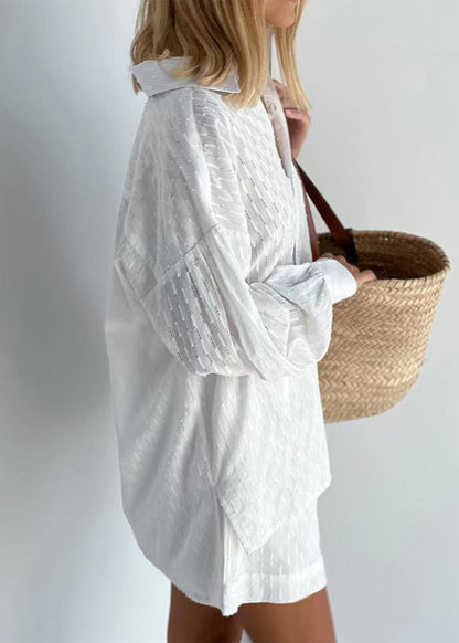Jacquard White Peter Pan Collar Button Cotton Shirt and Shorts Two Piece Set Summer Ly1966