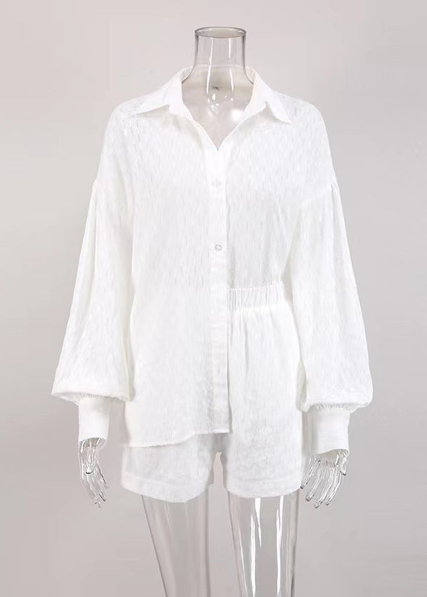 Jacquard White Peter Pan Collar Button Cotton Shirt and Shorts Two Piece Set Summer Ly1966