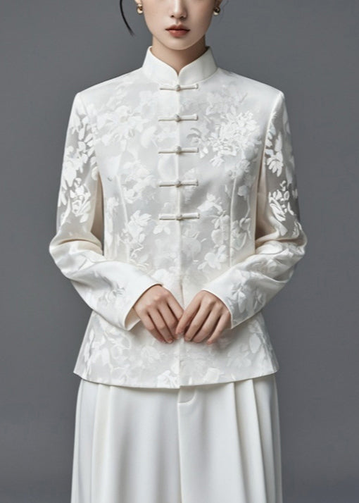 Jacquard White Stand Collar Button Thin Silk Cotton Coats Fall Ag1034