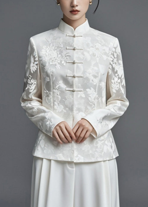 Jacquard White Stand Collar Button Thin Silk Cotton Coats Fall Ag1034