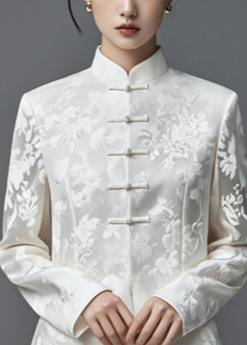 Jacquard White Stand Collar Button Thin Silk Cotton Coats Fall Ag1034