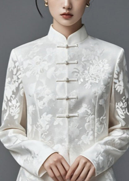 Jacquard White Stand Collar Button Thin Silk Cotton Coats Fall Ag1034