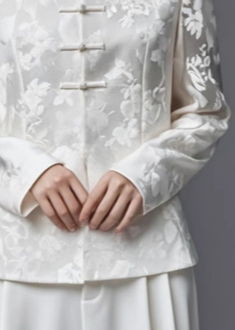 Jacquard White Stand Collar Button Thin Silk Cotton Coats Fall Ag1034