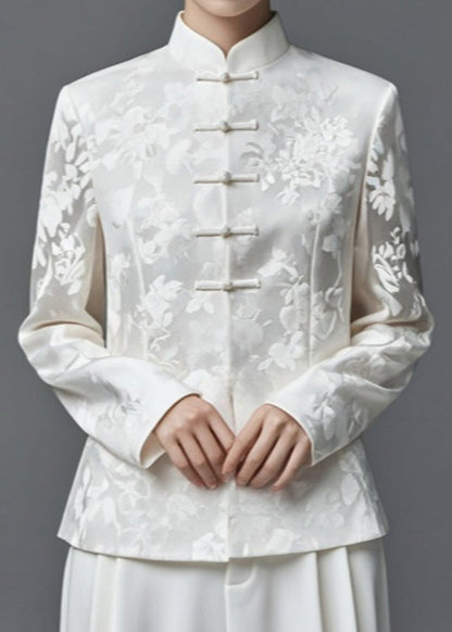 Jacquard White Stand Collar Button Thin Silk Cotton Coats Fall Ag1034