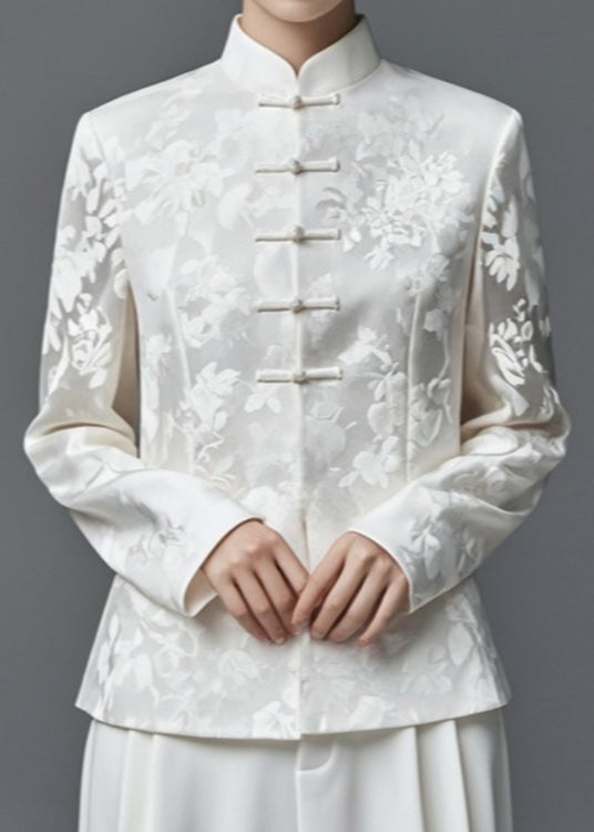 Jacquard White Stand Collar Button Thin Silk Cotton Coats Fall Ag1034