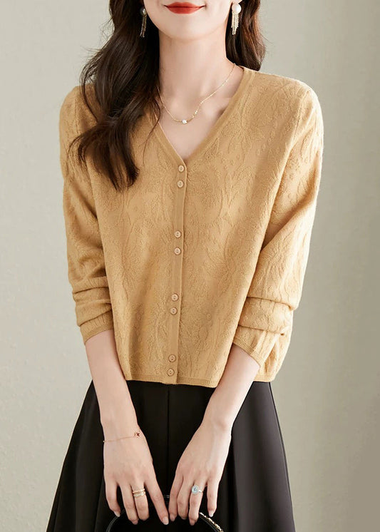 Jacquard Yellow V Neck Button Knit Cardigan Fall Qs006