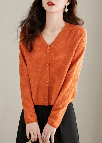 Jacquard Yellow V Neck Button Knit Cardigan Fall Qs006