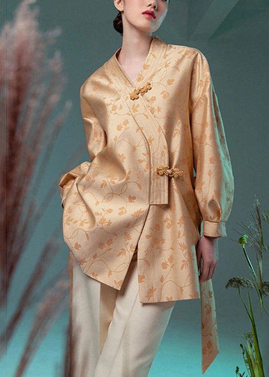 Jacquard Yellow V Neck Chinese Button Silk Coat Long Sleeve Qa1079