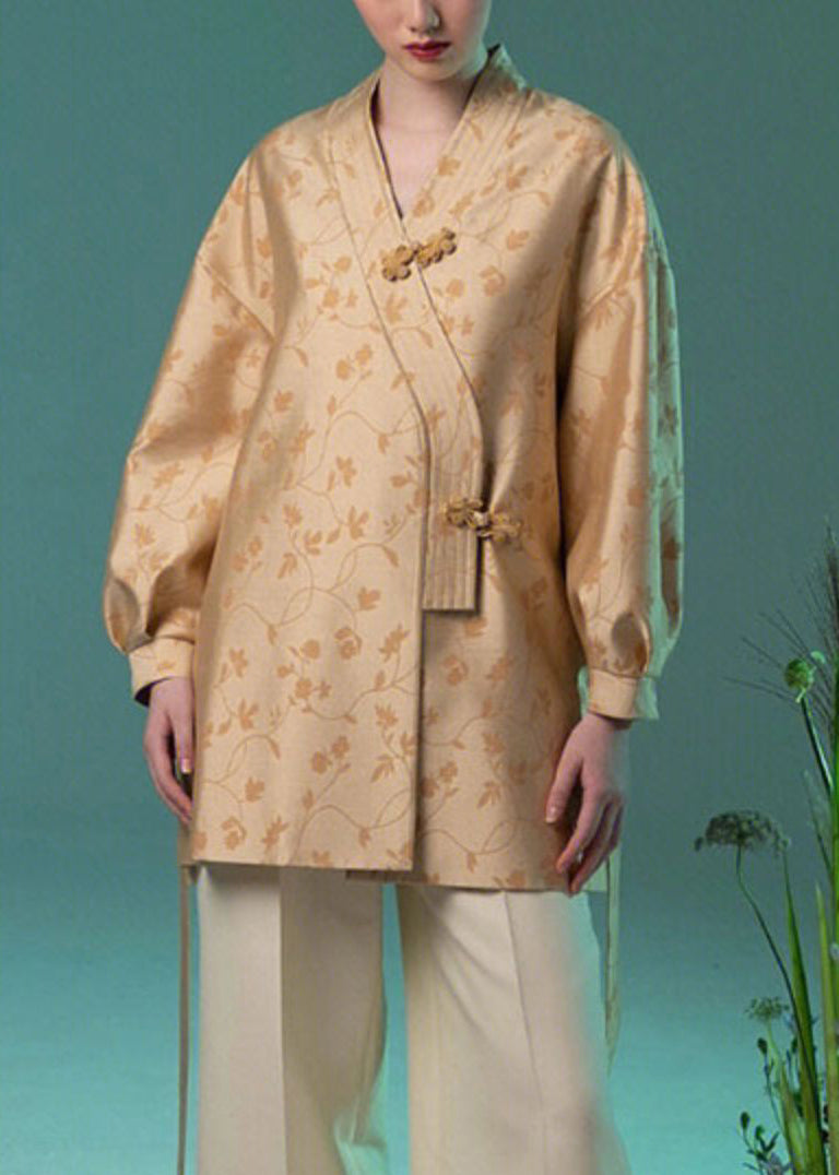 Jacquard Yellow V Neck Chinese Button Silk Coat Long Sleeve Qa1079