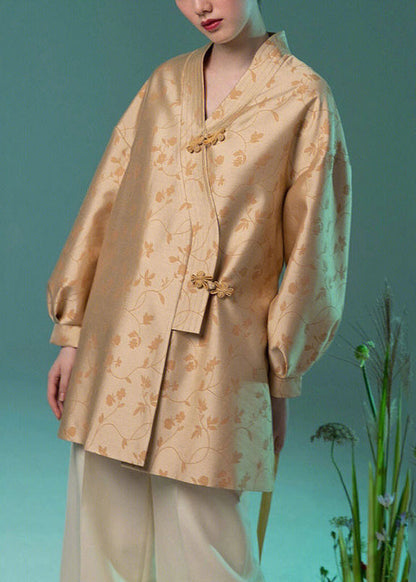 Jacquard Yellow V Neck Chinese Button Silk Coat Long Sleeve Qa1079