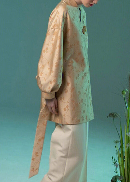 Jacquard Yellow V Neck Chinese Button Silk Coat Long Sleeve Qa1079