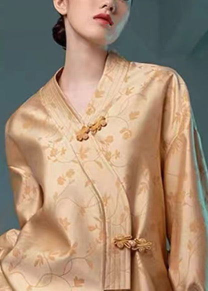 Jacquard Yellow V Neck Chinese Button Silk Coat Long Sleeve Qa1079