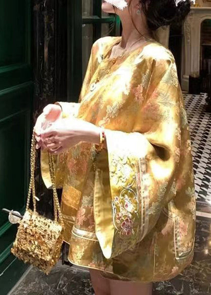 Jacquard Yellow V Neck Embroidered Button Silk Coats Spring Uu1044