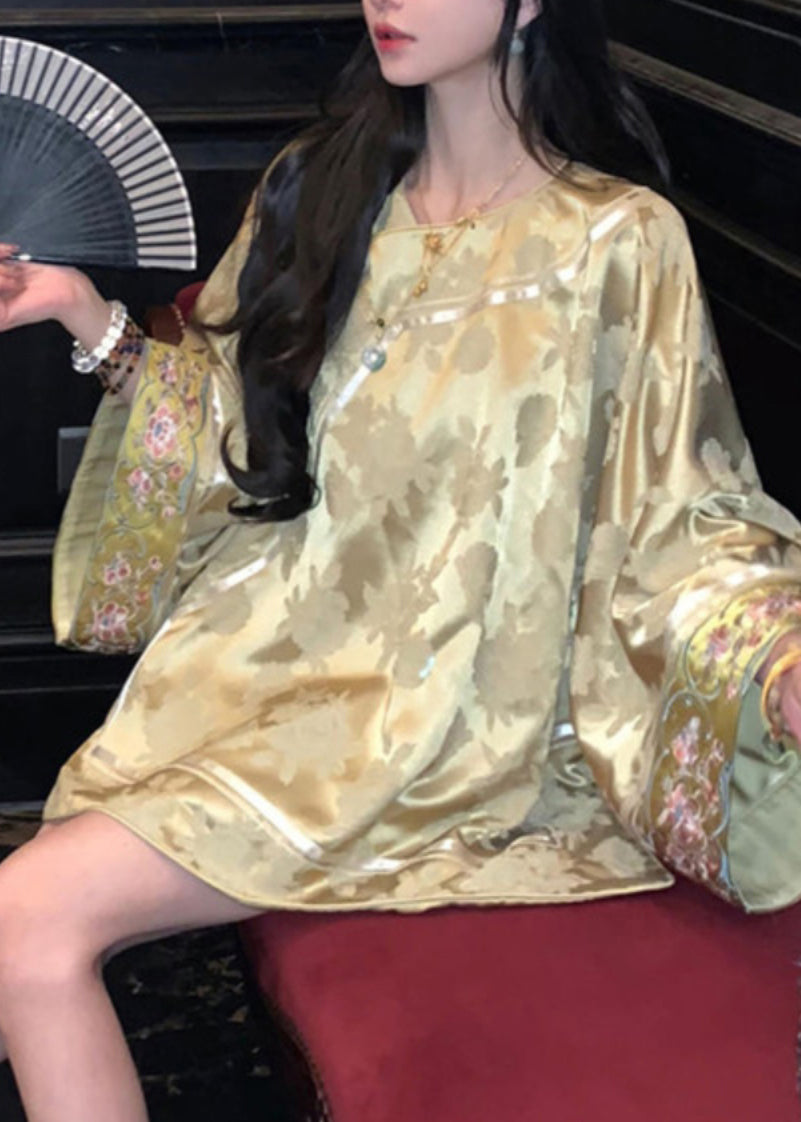 Jacquard Yellow V Neck Embroidered Button Silk Coats Spring Uu1044