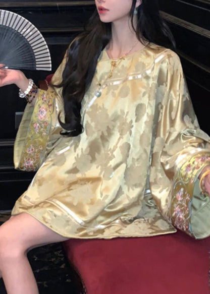 Jacquard Yellow V Neck Embroidered Button Silk Coats Spring Uu1044