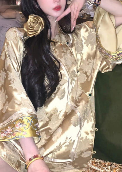 Jacquard Yellow V Neck Embroidered Button Silk Coats Spring Uu1044