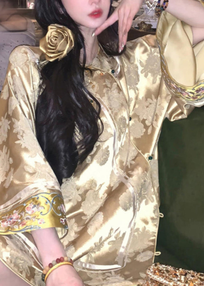 Jacquard Yellow V Neck Embroidered Button Silk Coats Spring Uu1044