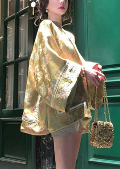 Jacquard Yellow V Neck Embroidered Button Silk Coats Spring Uu1044