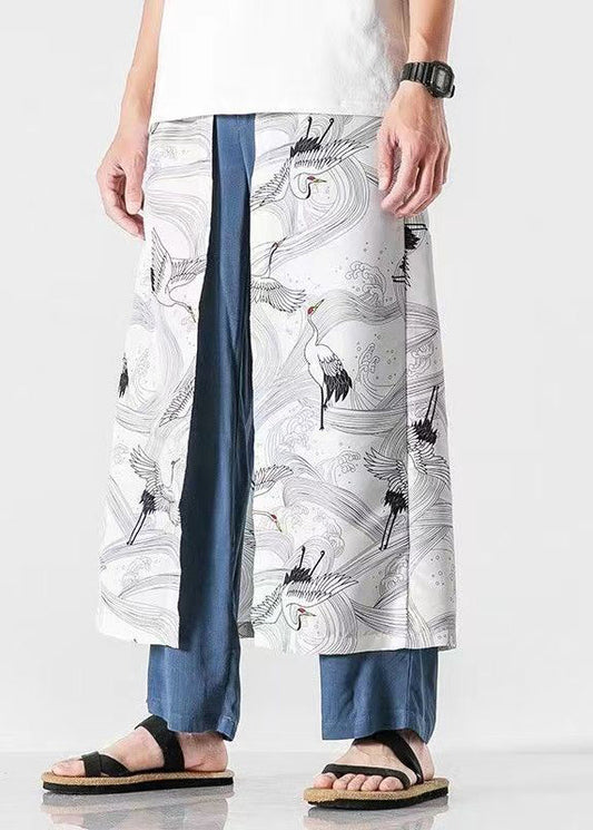 Japanese Peacock Blue Oriental Print Cotton Pants Summer Sa049