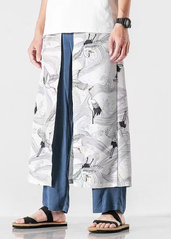 Japanese Peacock Blue Oriental Print Cotton Pants Summer Sa049