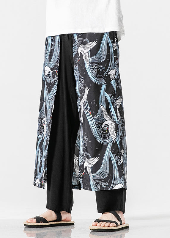 Japanese Peacock Blue Oriental Print Cotton Pants Summer Sa049