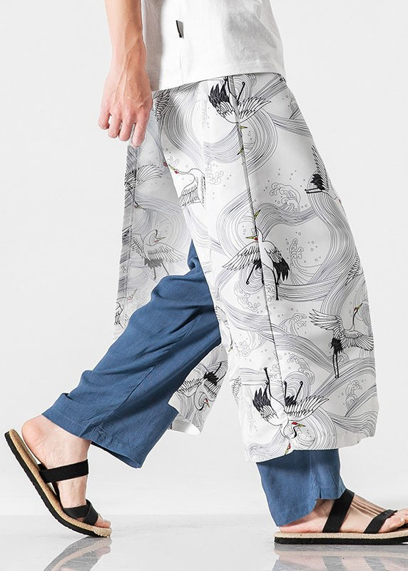 Japanese Peacock Blue Oriental Print Cotton Pants Summer Sa049