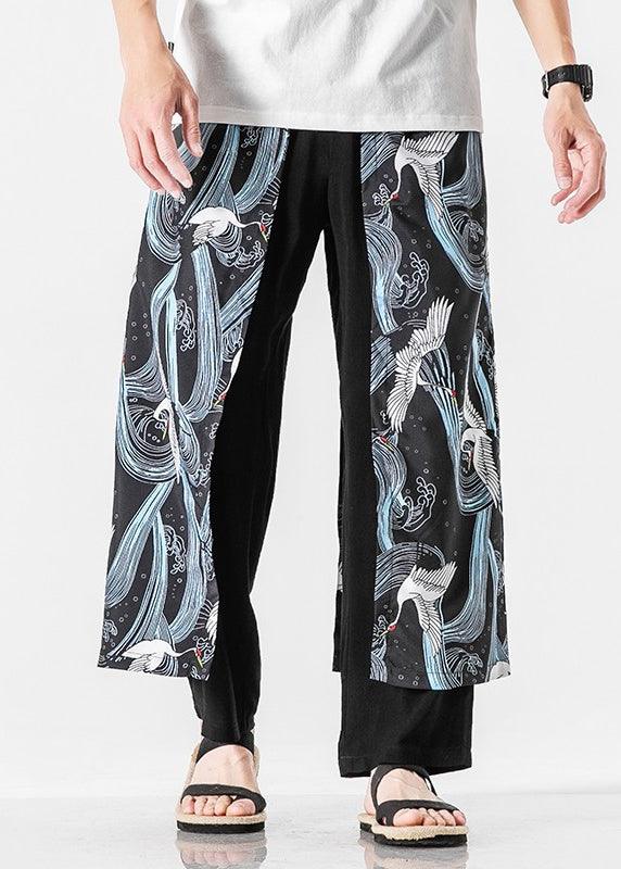 Japanese Peacock Blue Oriental Print Cotton Pants Summer Sa049