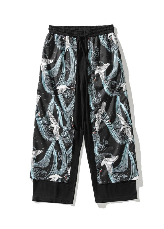 Japanese Peacock Blue Oriental Print Cotton Pants Summer Sa049