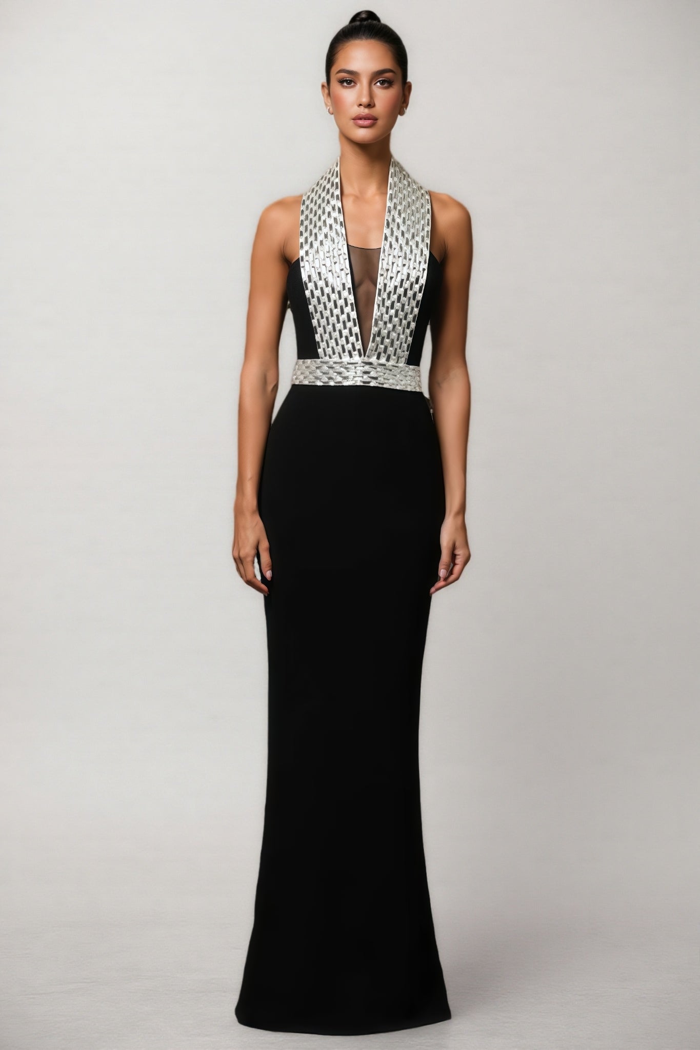 Ierra Black Diamond Studded Backless Maxi Dress