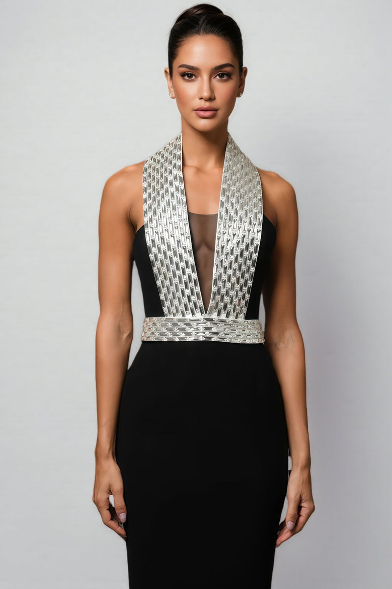 Ierra Black Diamond Studded Backless Maxi Dress