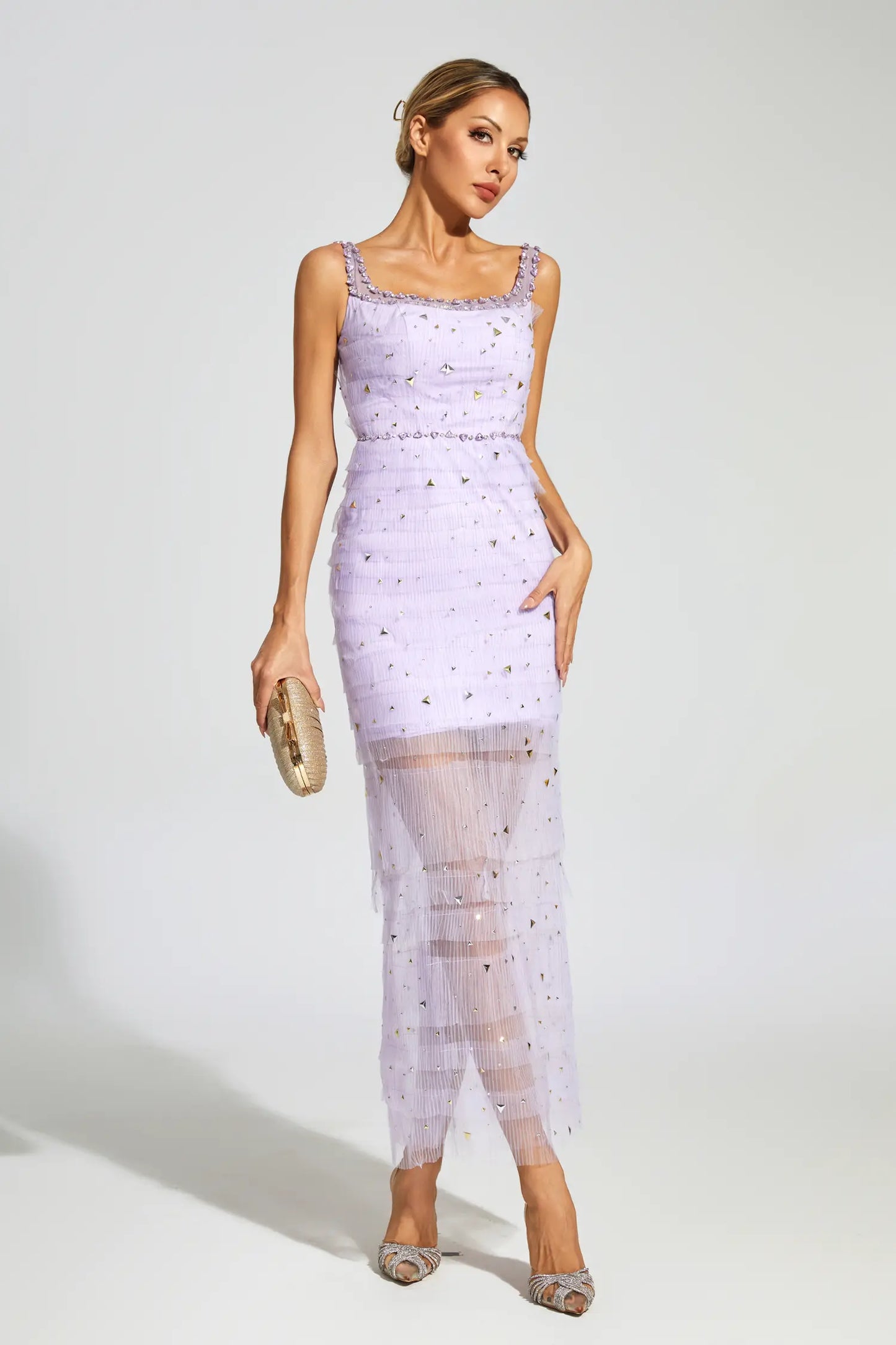 Jennings Purple Diamond Mesh Midi Dress