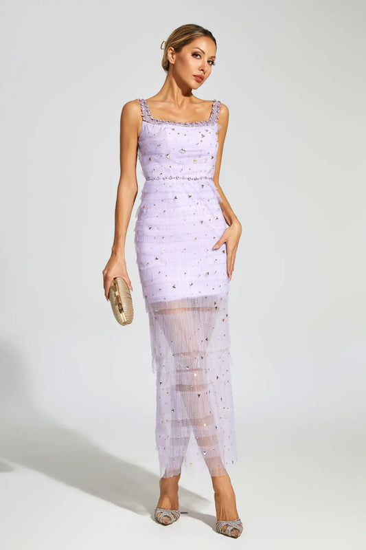 Jennings Purple Diamond Mesh Midi Dress