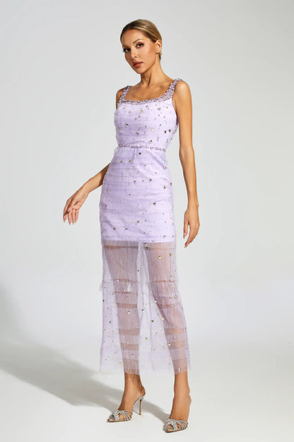 Jennings Purple Diamond Mesh Midi Dress