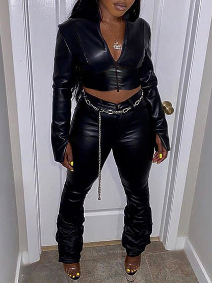 Faux Leather Crop Top Stacked Pants Set Bo1123