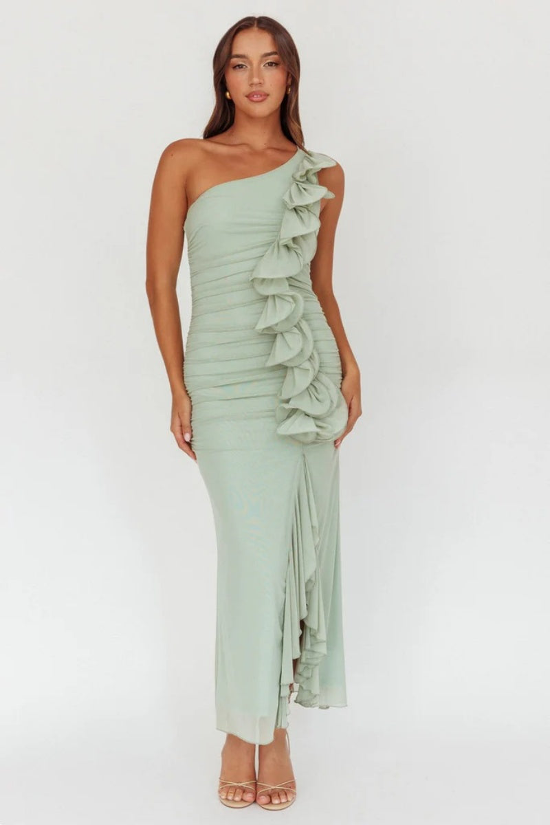 Haven One-shoulder Ruffle Accent Maxi Dress Sage