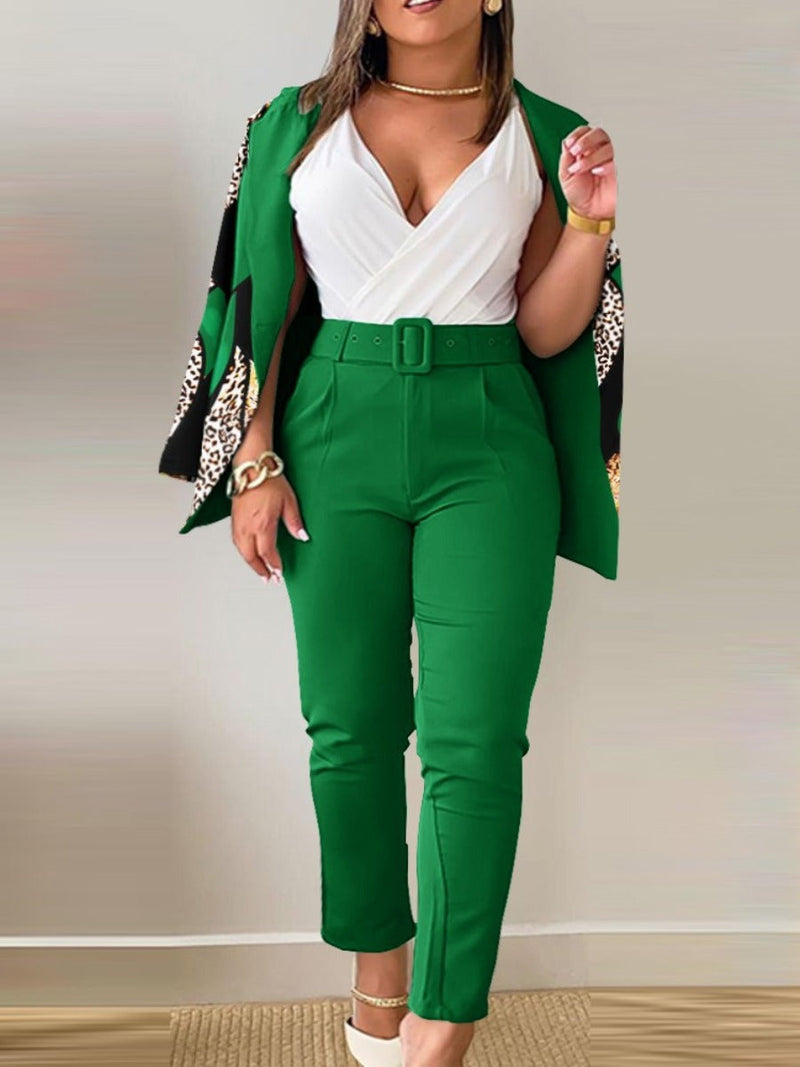 Letter Print Belt Design Blazer Pants Set Bo3021