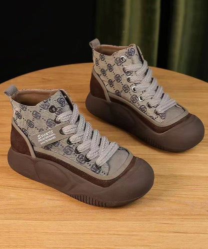 Khaki Canvas Platform Flats Shoes Cross Strap Xc1048