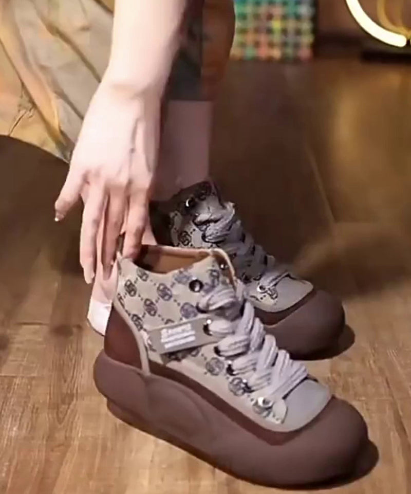 Khaki Canvas Platform Flats Shoes Cross Strap Xc1048