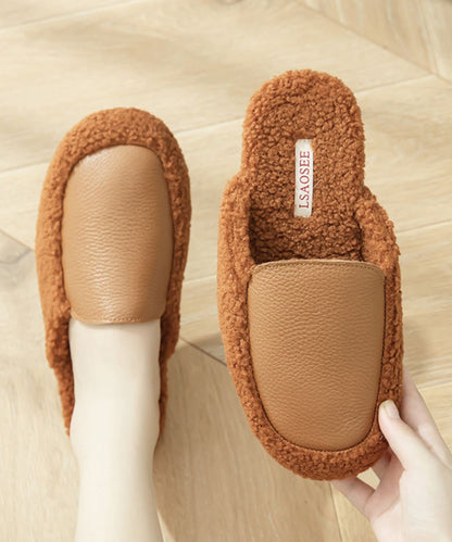 Khaki Comfy Slippers Shoes Splicing Fuzzy Wool Lined Tp005