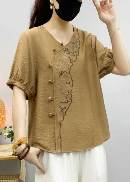 Khaki Embroidered Linen Blouse V Neck Short Sleeve Re044