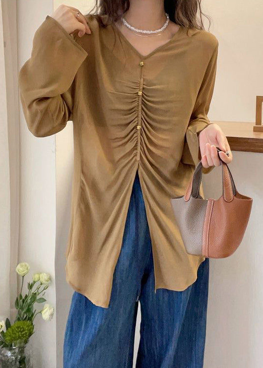 Khaki Front Open Cotton Fall Blouses V Neck Qf056