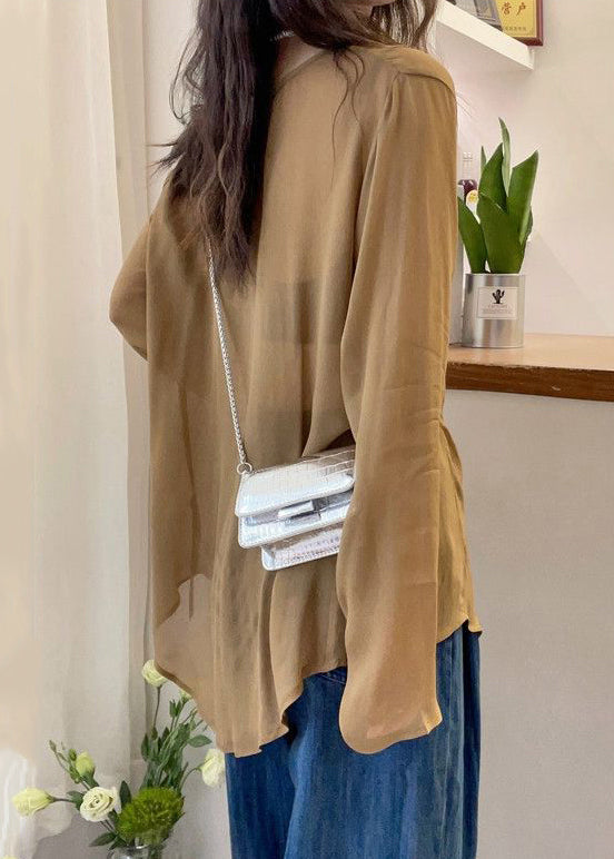 Khaki Front Open Cotton Fall Blouses V Neck Qf056