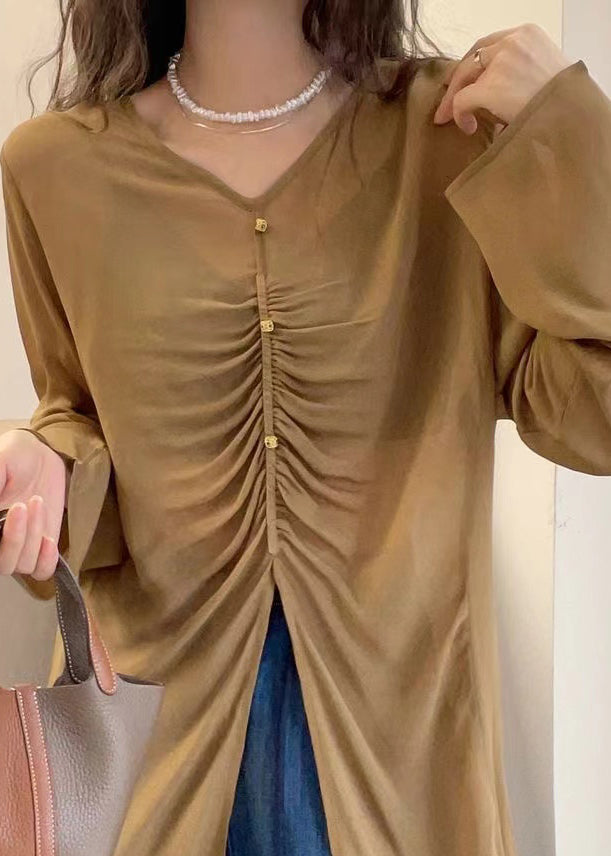 Khaki Front Open Cotton Fall Blouses V Neck Qf056