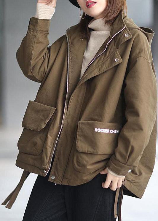 Khaki Hooded Zippered Winter Cotton Long Sleeve Coat Qs040