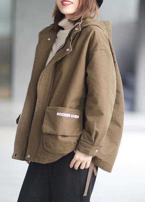 Khaki Hooded Zippered Winter Cotton Long Sleeve Coat Qs040