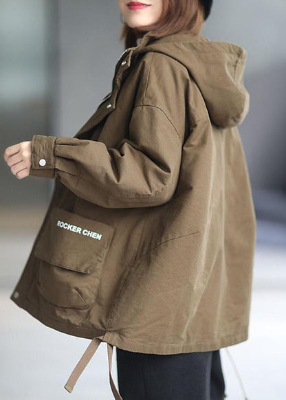 Khaki Hooded Zippered Winter Cotton Long Sleeve Coat Qs040